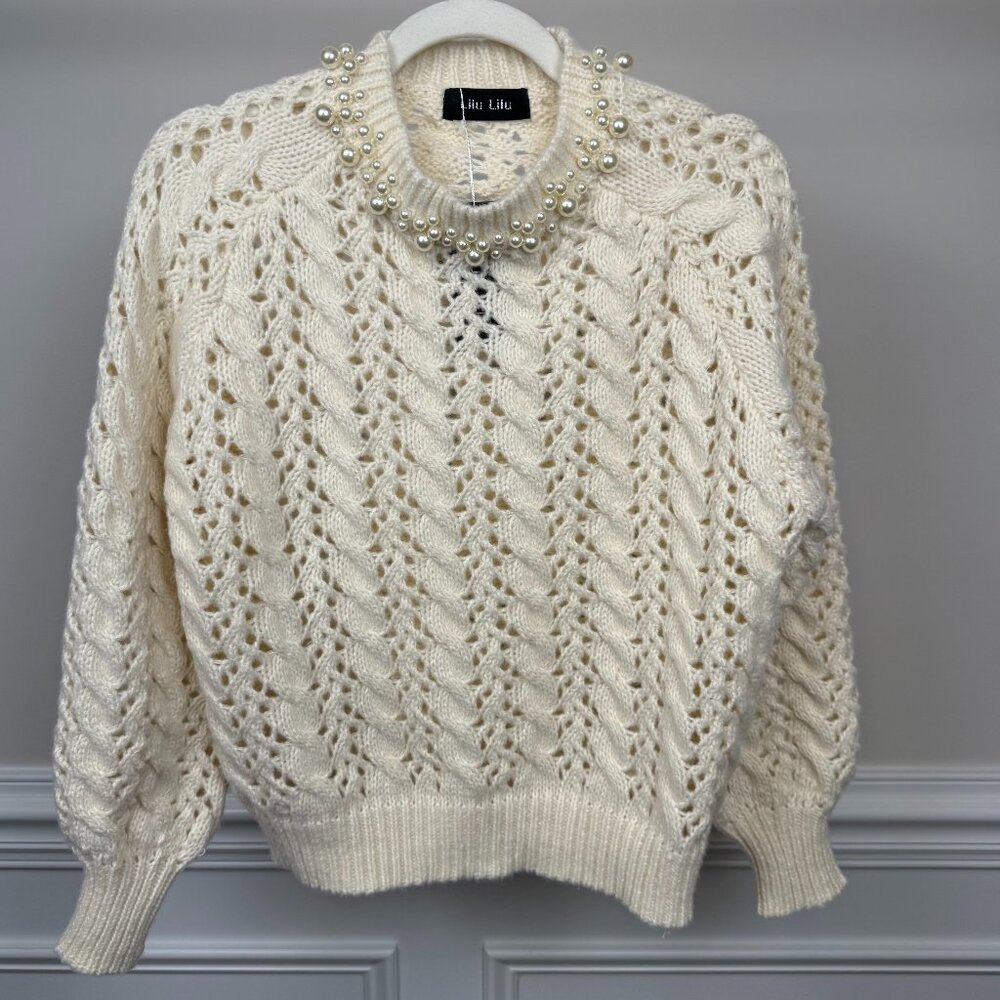 LiLu LiLu Women's Cable Knit Pullover Sweater with Pearl Detailing, Size 10,